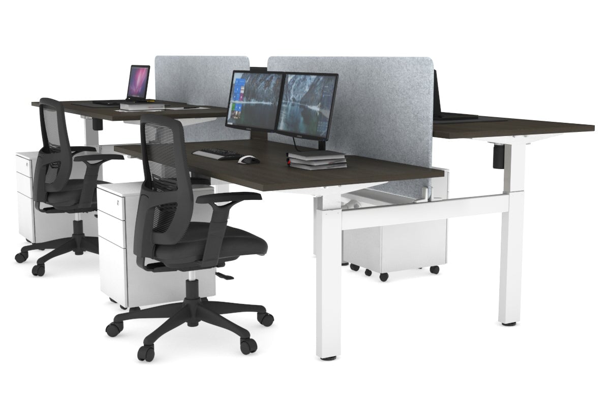 Just Right Height Adjustable 4 Person H-Bench Workstation - White Frame [1400L x 800W] Jasonl dark oak light grey echo panel (820H x 1200W) white cable tray