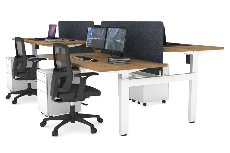 Just Right Height Adjustable 4 Person H-Bench Workstation - White Frame [1400L x 800W] Jasonl salvage oak dark grey echo panel (820H x 1200W) white cable tray