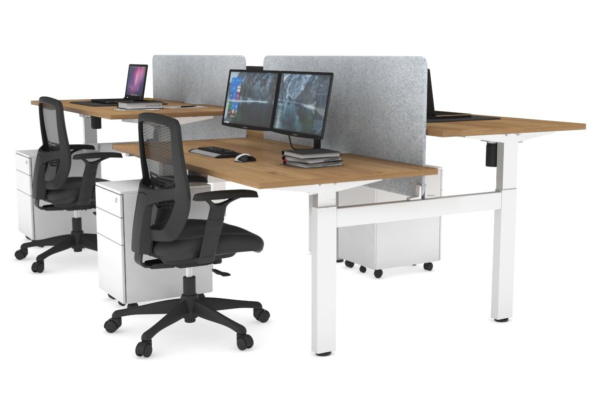 Just Right Height Adjustable 4 Person H-Bench Workstation - White Frame [1400L x 800W] Jasonl salvage oak light grey echo panel (820H x 1200W) none