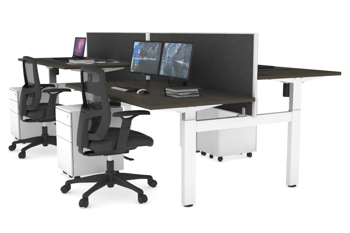 Just Right Height Adjustable 4 Person H-Bench Workstation - White Frame [1400L x 800W] Jasonl dark oak moody charcoal (820H x 1400W) none