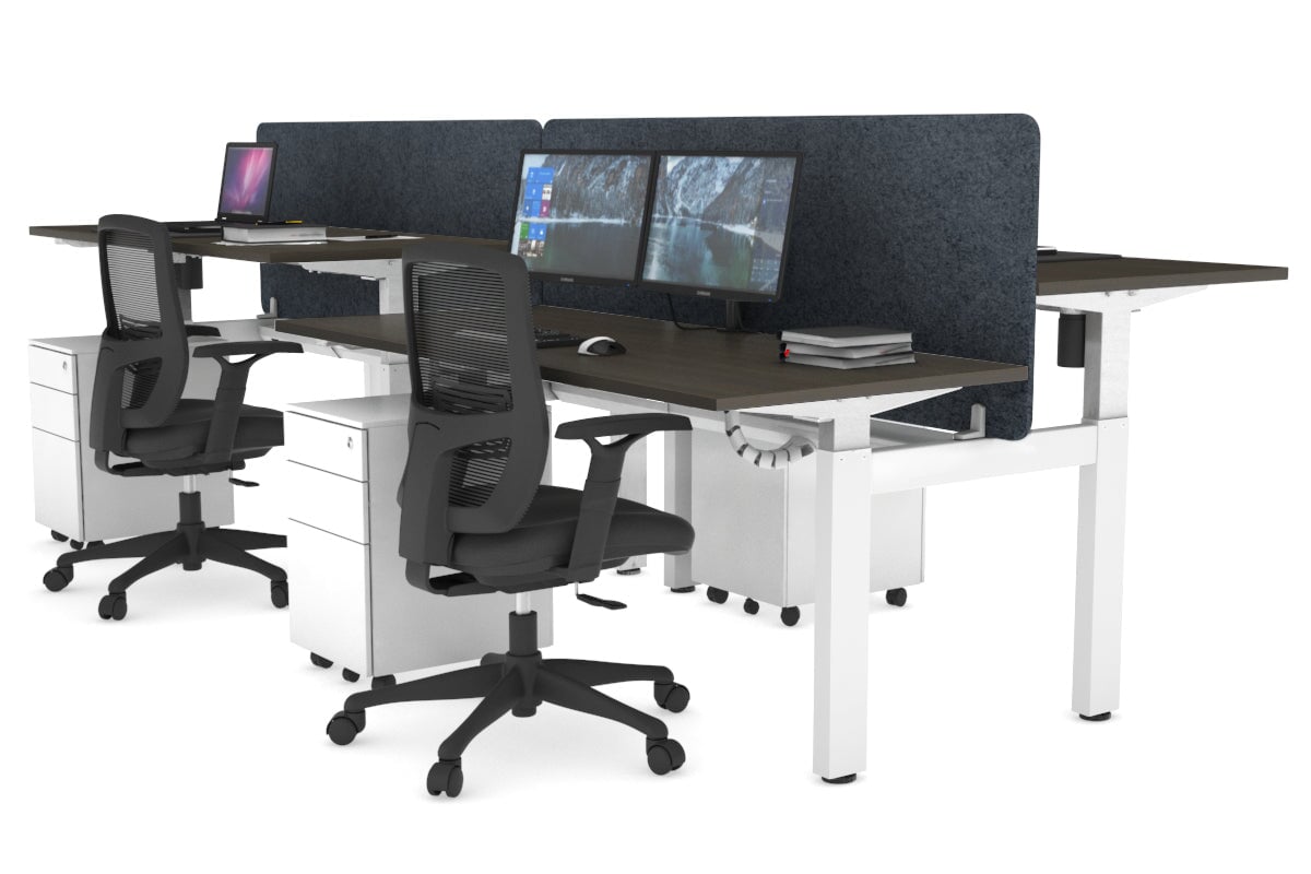 Just Right Height Adjustable 4 Person H-Bench Workstation - White Frame [1600L x 700W] Jasonl dark oak dark grey echo panel (820H x 1600W) white cable tray