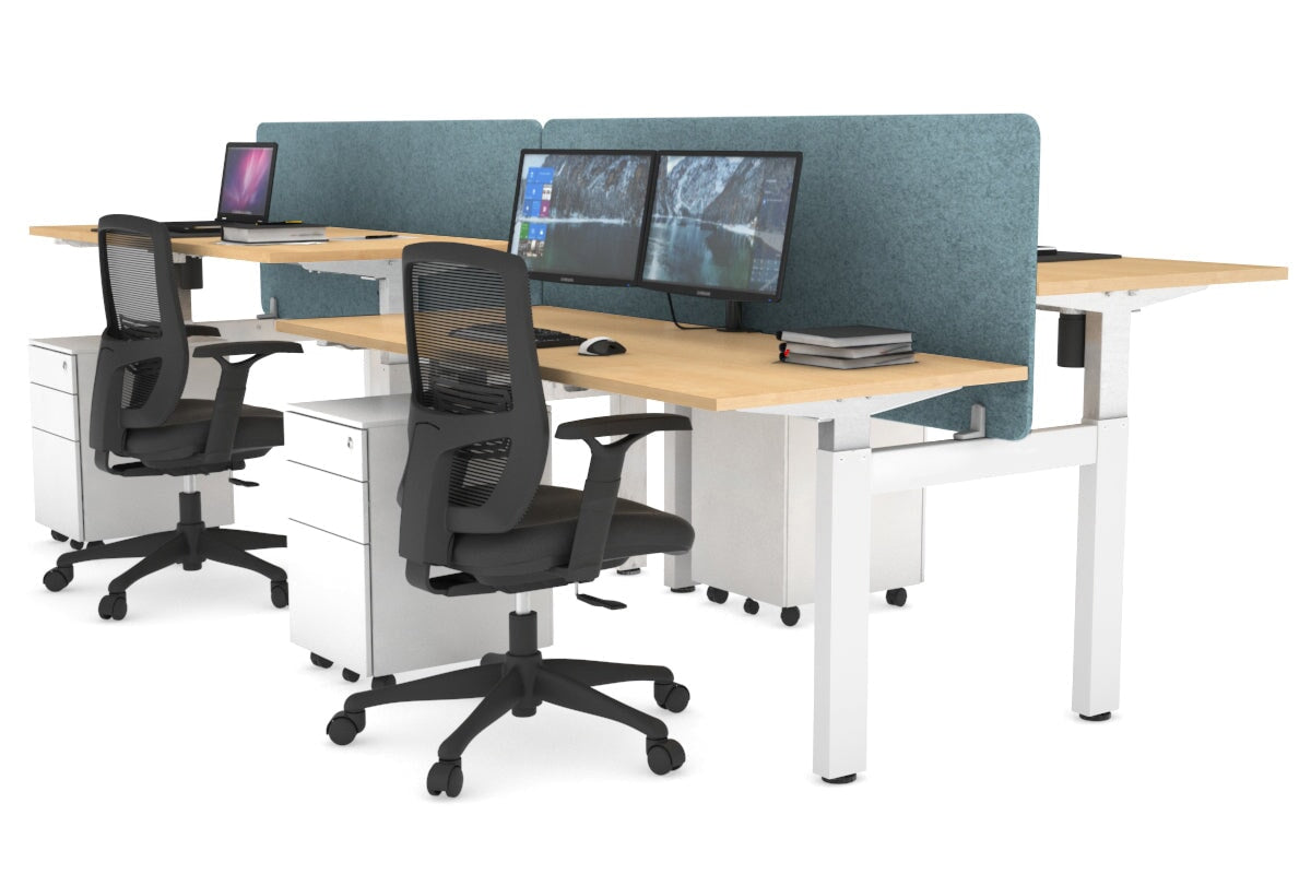 Just Right Height Adjustable 4 Person H-Bench Workstation - White Frame [1600L x 700W] Jasonl maple blue echo panel (820H x 1600W) none