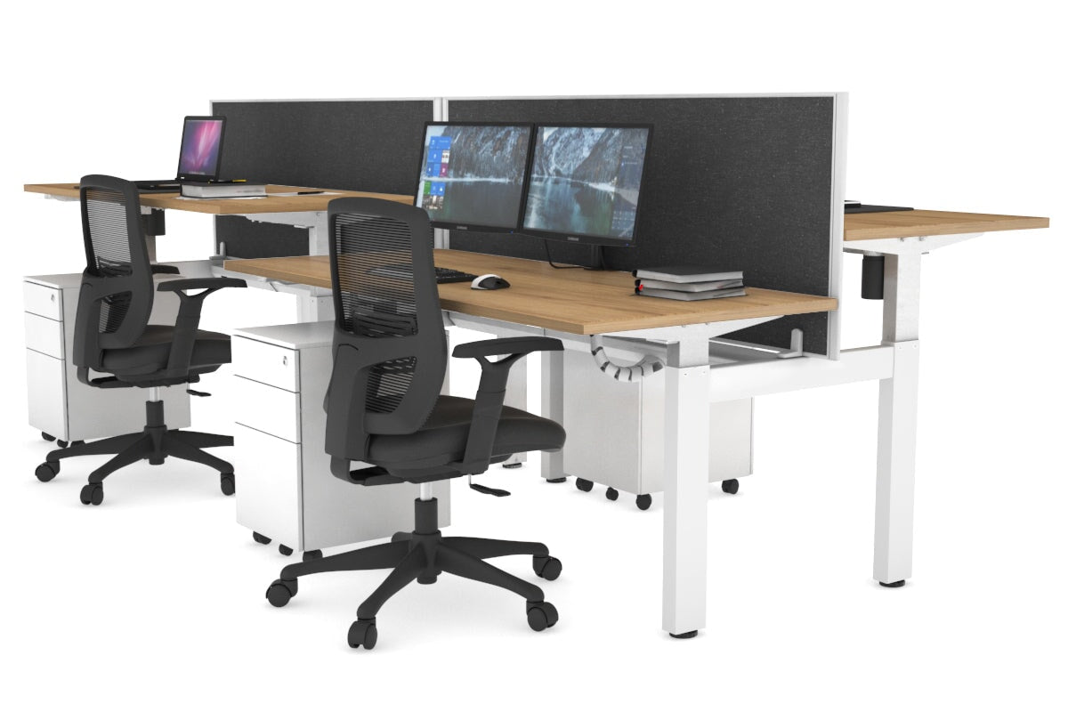 Just Right Height Adjustable 4 Person H-Bench Workstation - White Frame [1600L x 700W] Jasonl salvage oak moody charcoal (820H x 1600W) white cable tray