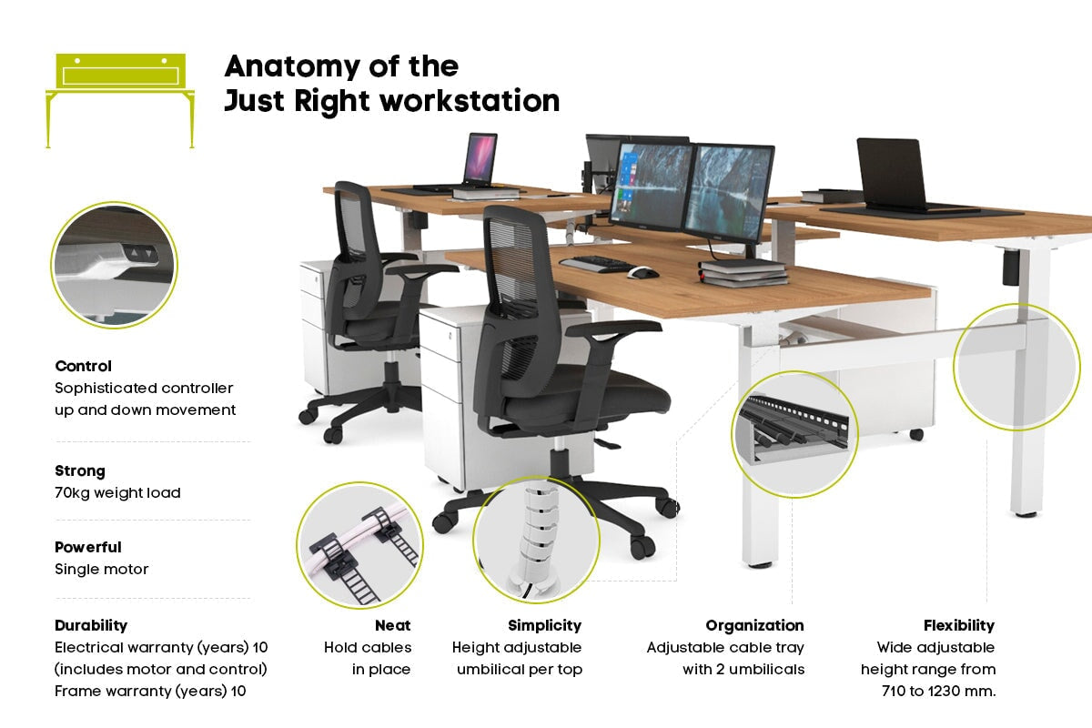 Just Right Height Adjustable 4 Person H-Bench Workstation - White Frame [1600L x 800W] Jasonl 