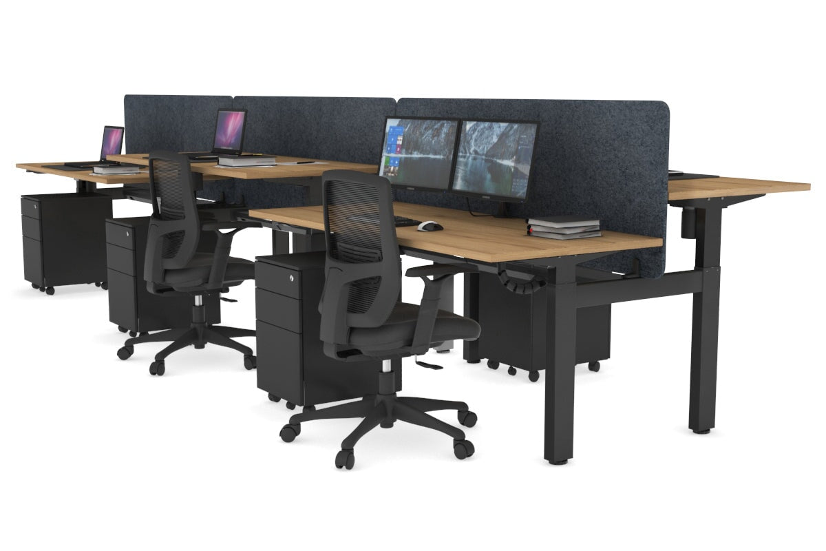 Just Right Height Adjustable 6 Person H-Bench Workstation - Black Frame [1200L x 700W] Jasonl salvage oak dark grey echo panel (820H x 1200W) black cable tray