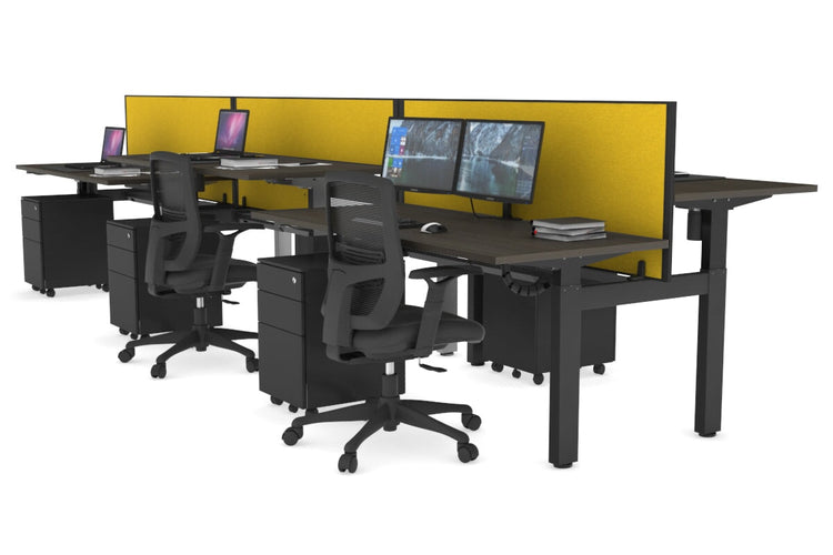Just Right Height Adjustable 6 Person H-Bench Workstation - Black Frame [1200L x 700W] Jasonl dark oak mustard yellow (820H x 1200W) black cable tray