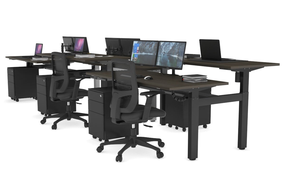 Just Right Height Adjustable 6 Person H-Bench Workstation - Black Frame [1200L x 700W] Jasonl dark oak none black cable tray