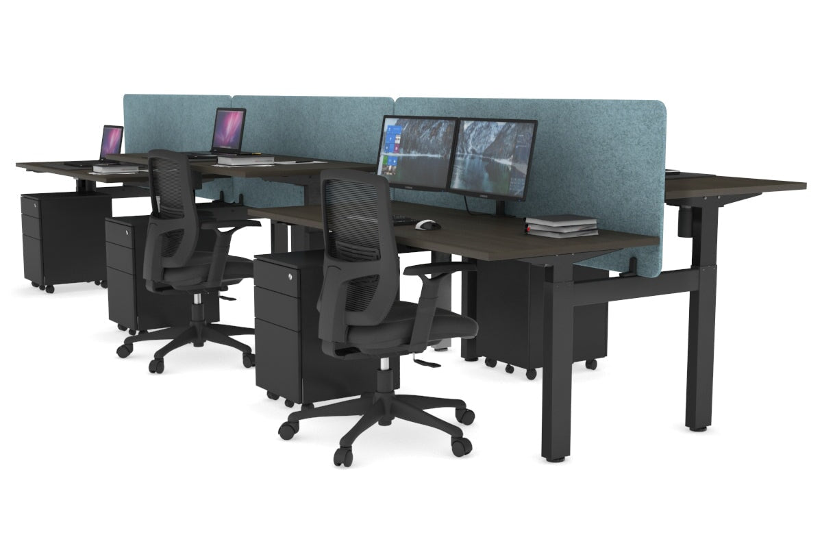 Just Right Height Adjustable 6 Person H-Bench Workstation - Black Frame [1200L x 700W] Jasonl dark oak blue echo panel (820H x 1200W) none