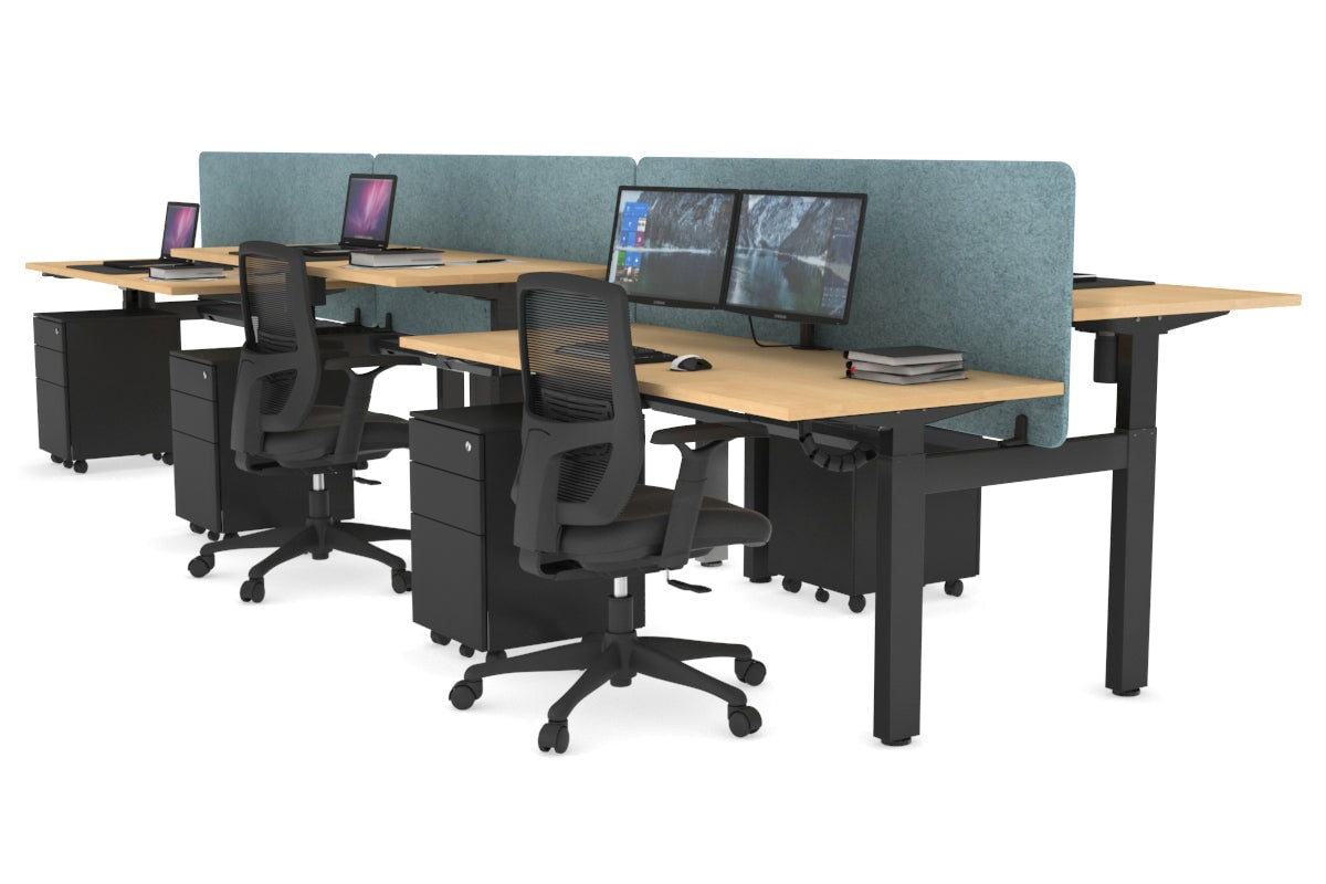 Just Right Height Adjustable 6 Person H-Bench Workstation - Black Frame [1200L x 700W] Jasonl maple blue echo panel (820H x 1200W) black cable tray