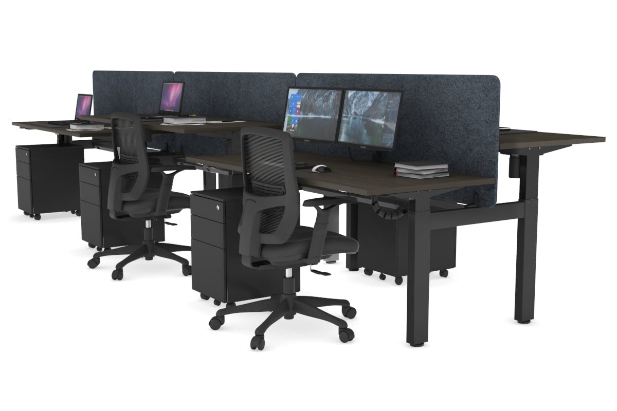 Just Right Height Adjustable 6 Person H-Bench Workstation - Black Frame [1200L x 700W] Jasonl dark oak dark grey echo panel (820H x 1200W) black cable tray