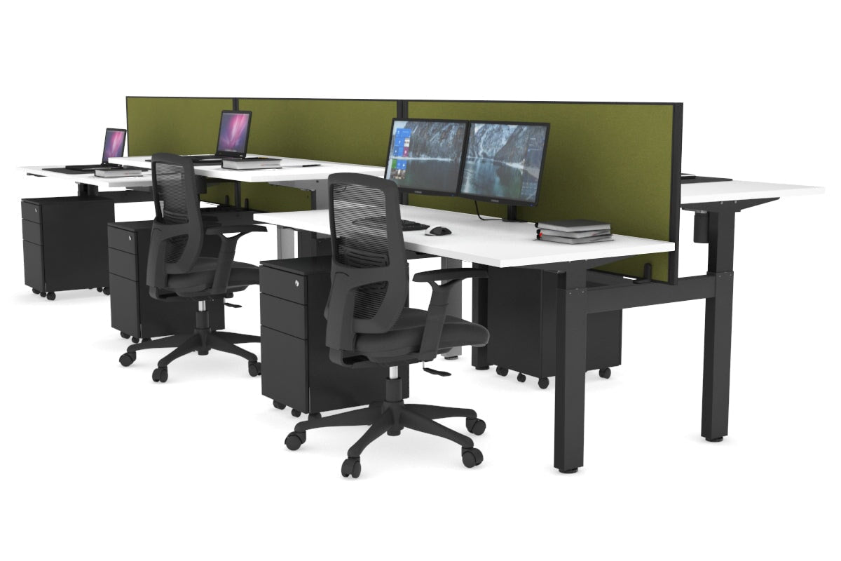 Just Right Height Adjustable 6 Person H-Bench Workstation - Black Frame [1200L x 700W] Jasonl white green moss (820H x 1200W) none