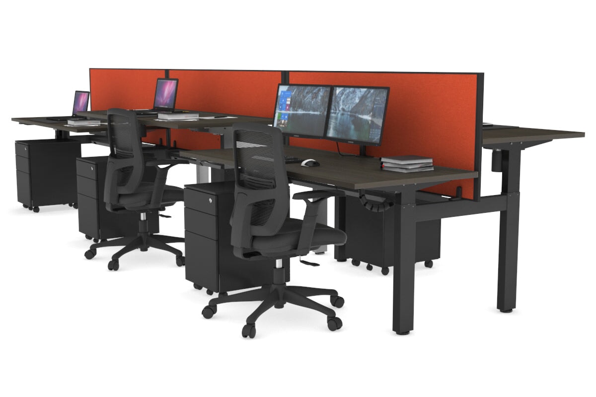 Just Right Height Adjustable 6 Person H-Bench Workstation - Black Frame [1200L x 700W] Jasonl dark oak squash orange (820H x 1200W) black cable tray