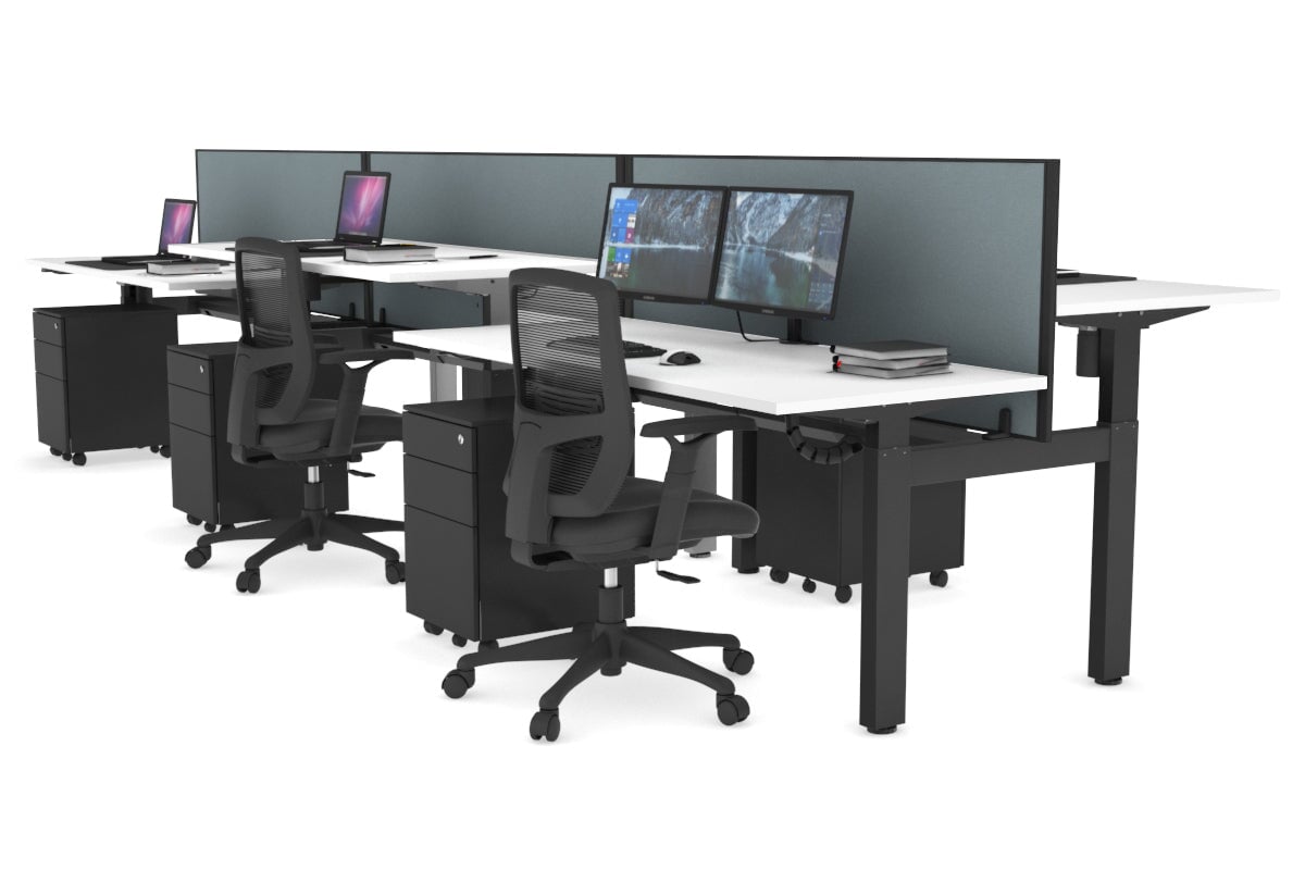 Just Right Height Adjustable 6 Person H-Bench Workstation - Black Frame [1200L x 700W] Jasonl white cool grey (820H x 1200W) black cable tray
