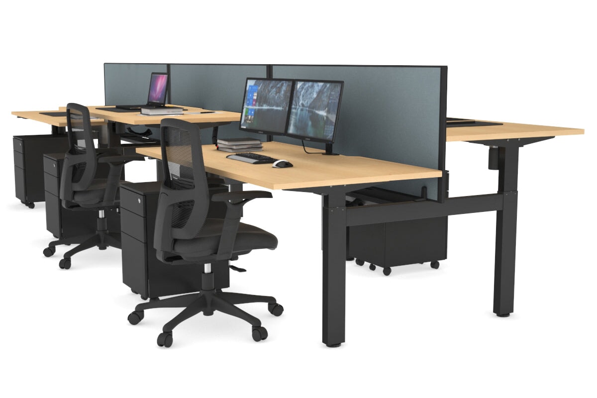 Just Right Height Adjustable 6 Person H-Bench Workstation - Black Frame [1200L x 800W with Cable Scallop] Jasonl maple cool grey (820H x 1200W) black cable tray