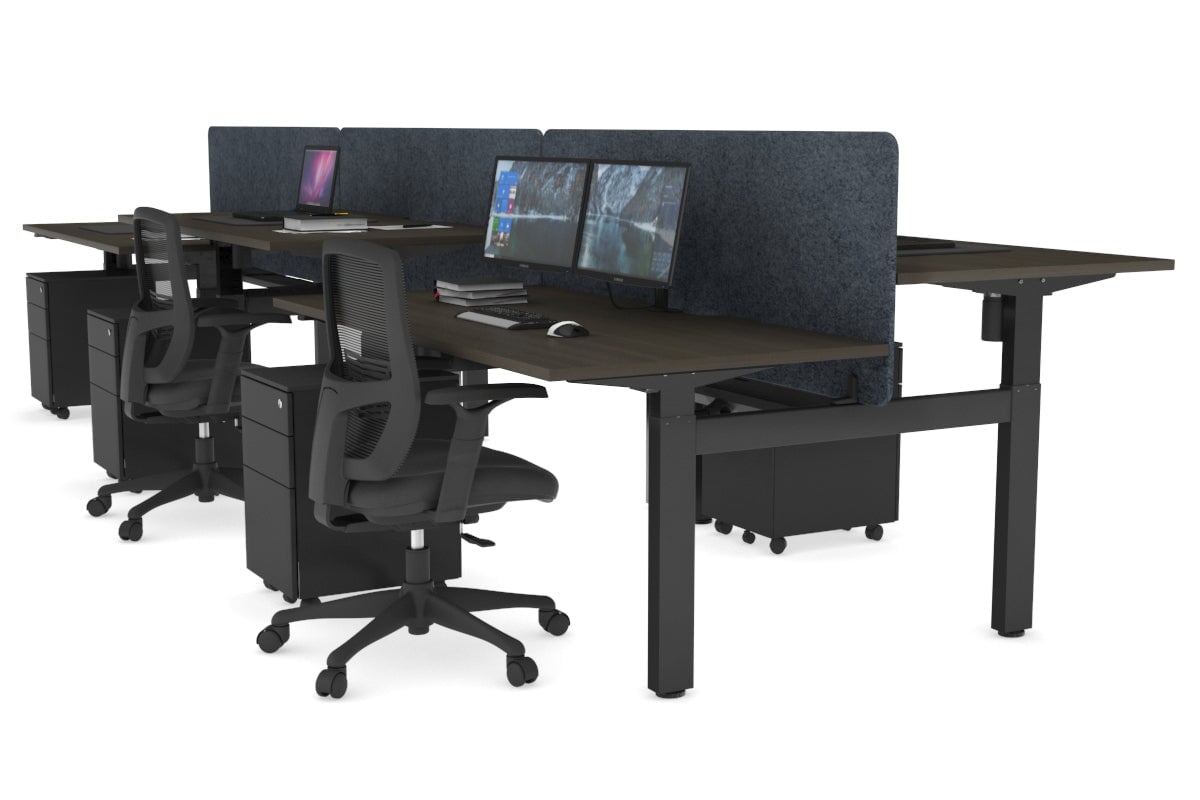 Just Right Height Adjustable 6 Person H-Bench Workstation - Black Frame [1200L x 800W with Cable Scallop] Jasonl dark oak dark grey echo panel (820H x 1200W) black cable tray