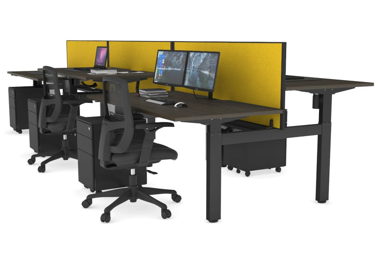 Just Right Height Adjustable 6 Person H-Bench Workstation - Black Frame [1200L x 800W with Cable Scallop] Jasonl dark oak mustard yellow (820H x 1200W) black cable tray