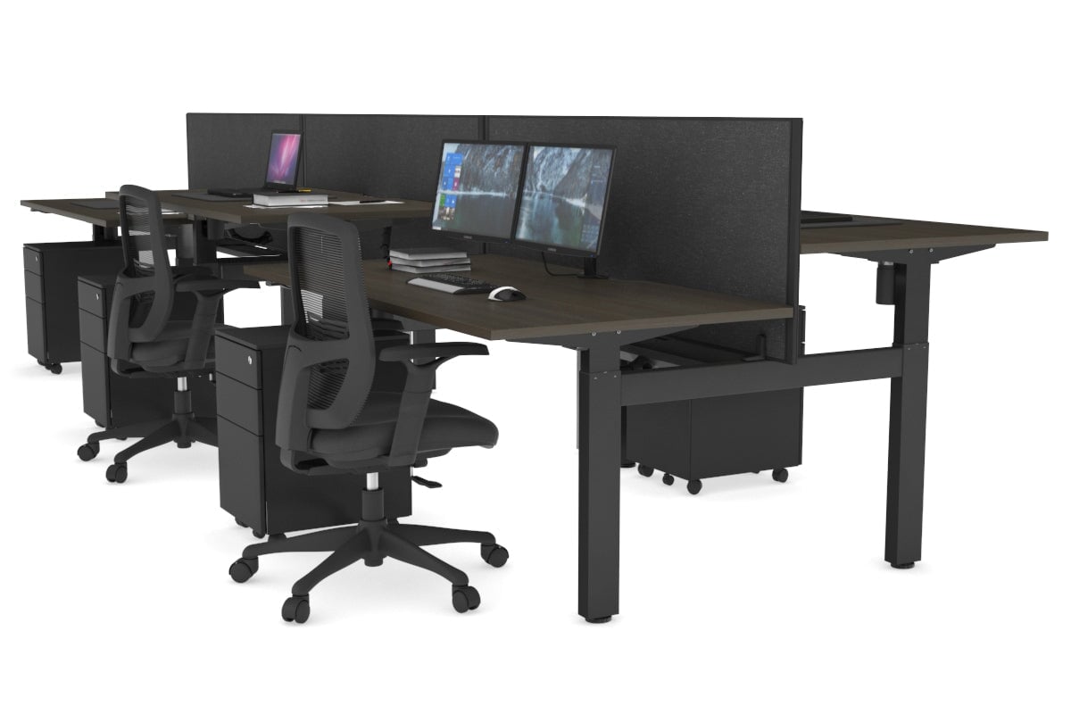 Just Right Height Adjustable 6 Person H-Bench Workstation - Black Frame [1200L x 800W with Cable Scallop] Jasonl dark oak moody charcoal (820H x 1200W) black cable tray