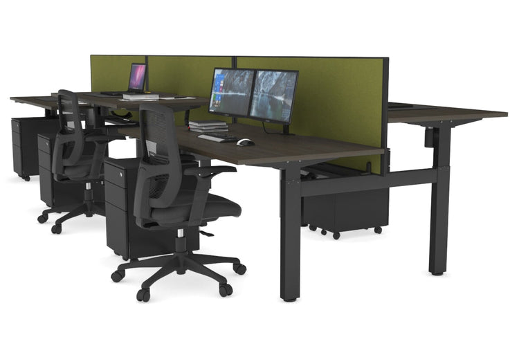 Just Right Height Adjustable 6 Person H-Bench Workstation - Black Frame [1200L x 800W with Cable Scallop] Jasonl dark oak green moss (820H x 1200W) black cable tray