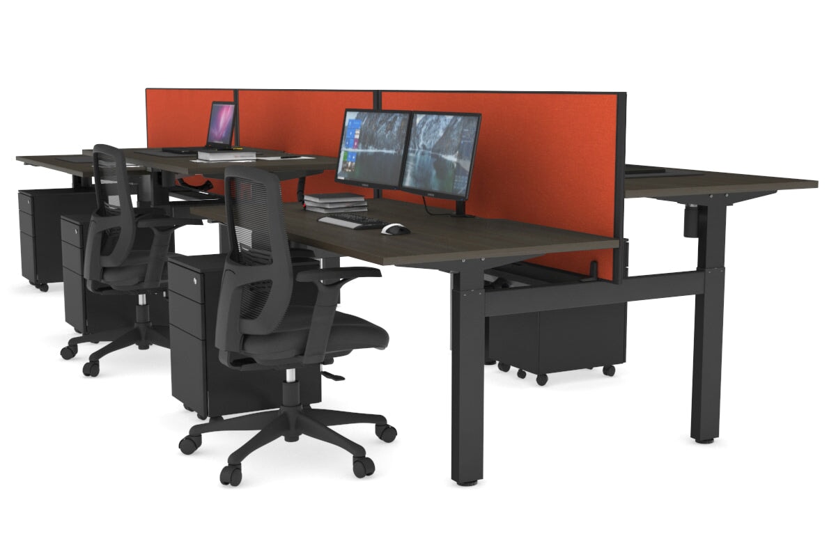 Just Right Height Adjustable 6 Person H-Bench Workstation - Black Frame [1200L x 800W with Cable Scallop] Jasonl dark oak squash orange (820H x 1200W) black cable tray