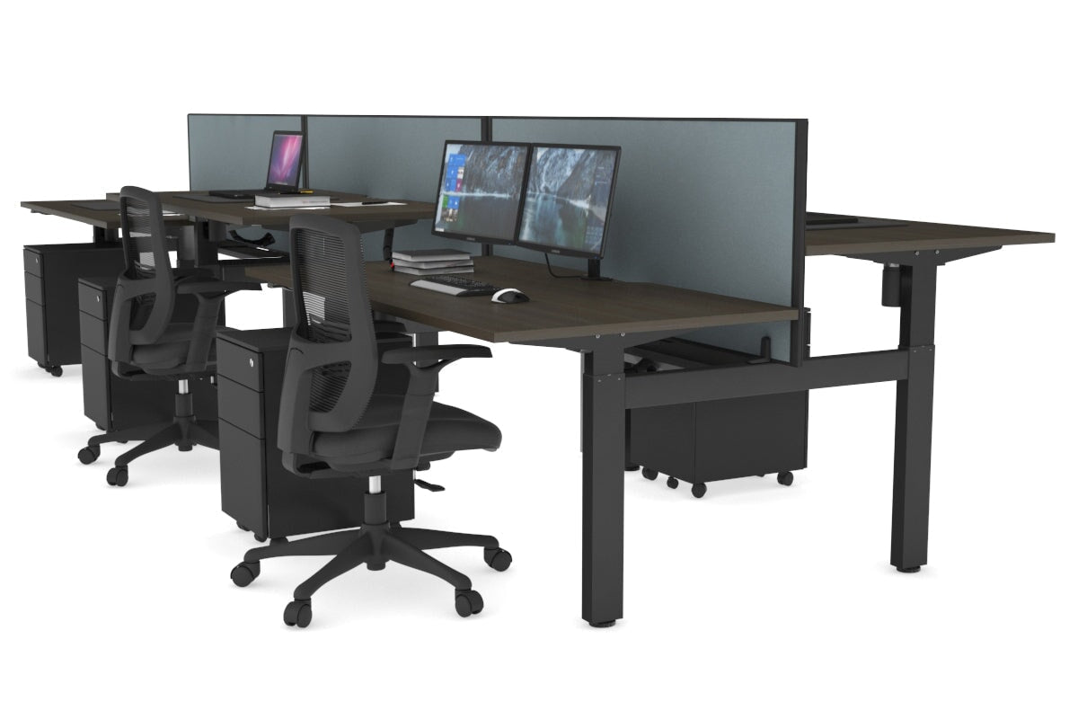 Just Right Height Adjustable 6 Person H-Bench Workstation - Black Frame [1200L x 800W with Cable Scallop] Jasonl dark oak cool grey (820H x 1200W) black cable tray