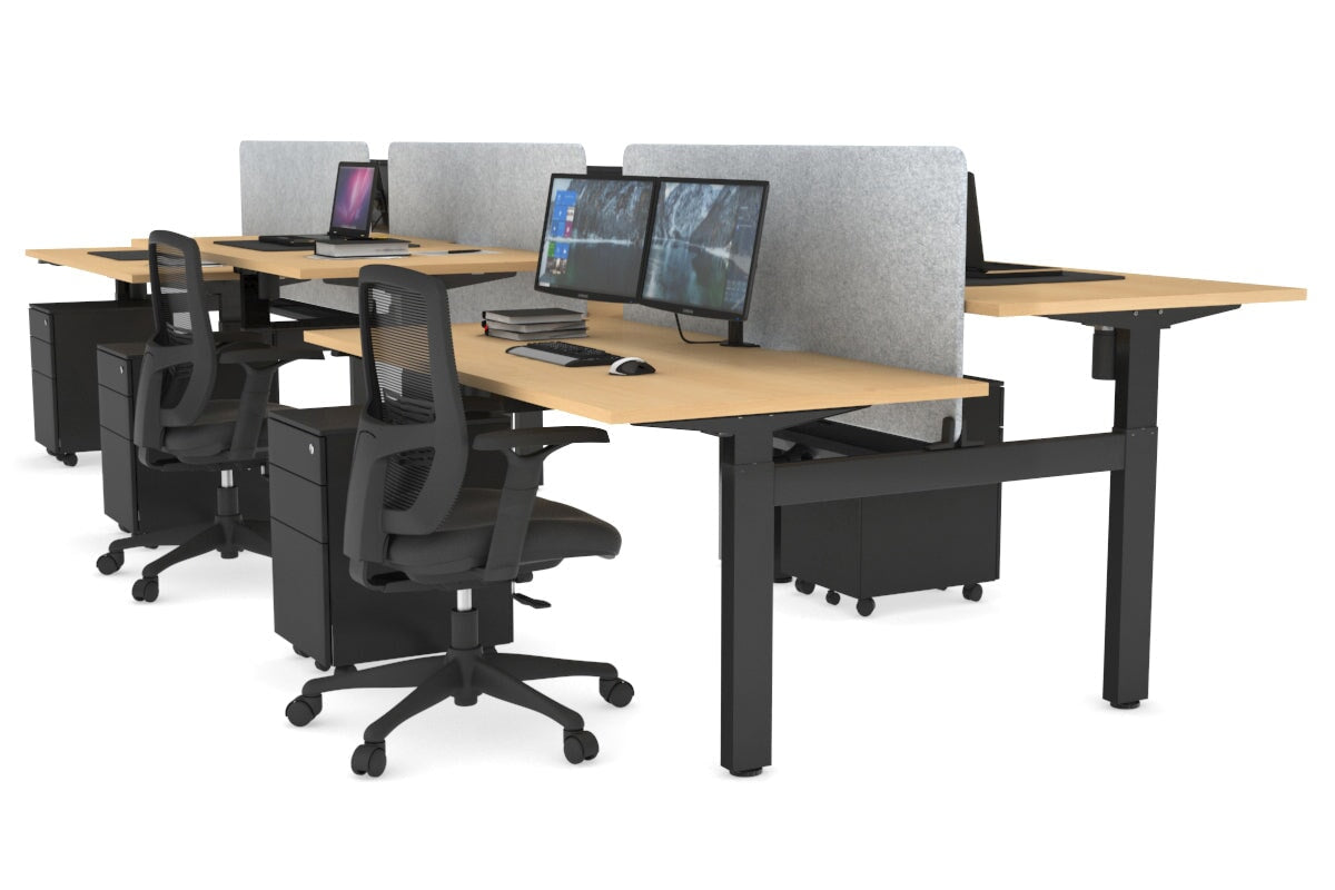 Just Right Height Adjustable 6 Person H-Bench Workstation - Black Frame [1400L x 800W with Cable Scallop] Jasonl maple light grey echo panel (820H x 1200W) black cable tray
