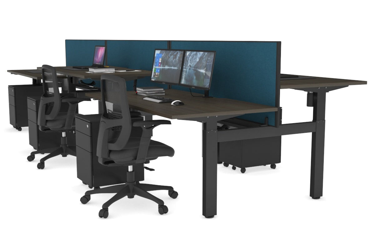 Just Right Height Adjustable 6 Person H-Bench Workstation - Black Frame [1400L x 800W with Cable Scallop] Jasonl dark oak deep blue (820H x 1400W) black cable tray