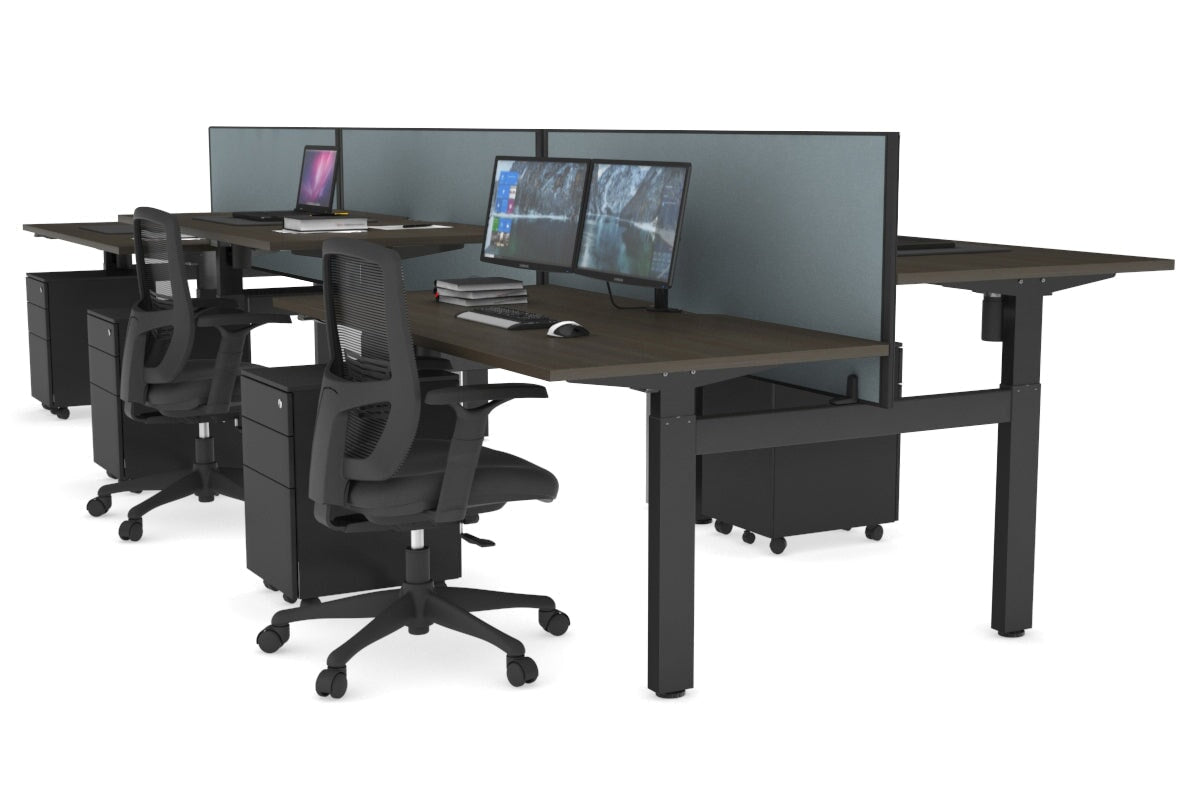 Just Right Height Adjustable 6 Person H-Bench Workstation - Black Frame [1400L x 800W with Cable Scallop] Jasonl dark oak cool grey (820H x 1400W) none