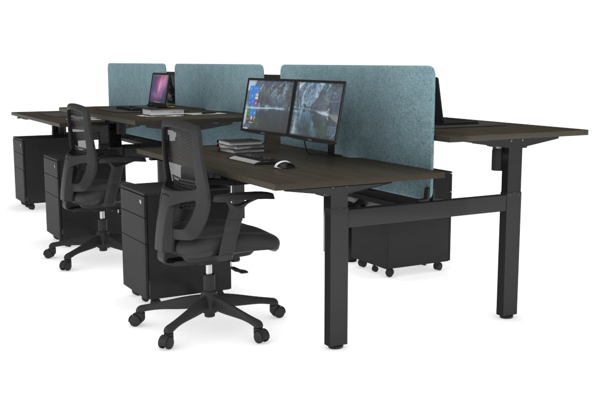 Just Right Height Adjustable 6 Person H-Bench Workstation - Black Frame [1400L x 800W with Cable Scallop] Jasonl dark oak blue echo panel (820H x 1200W) black cable tray