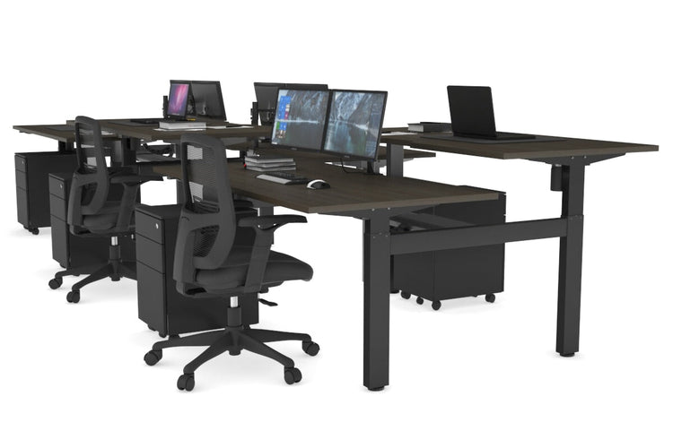 Just Right Height Adjustable 6 Person H-Bench Workstation - Black Frame [1400L x 800W with Cable Scallop] Jasonl dark oak none black cable tray
