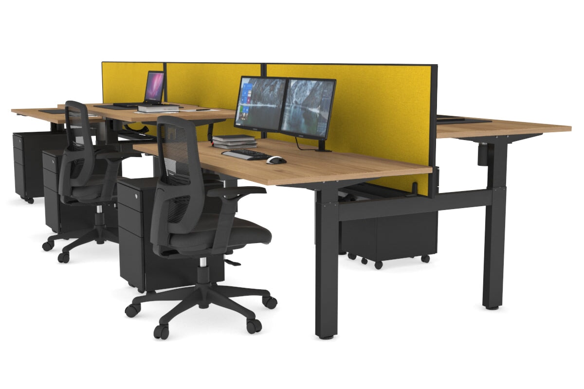 Just Right Height Adjustable 6 Person H-Bench Workstation - Black Frame [1400L x 800W with Cable Scallop] Jasonl salvage oak mustard yellow (820H x 1400W) black cable tray