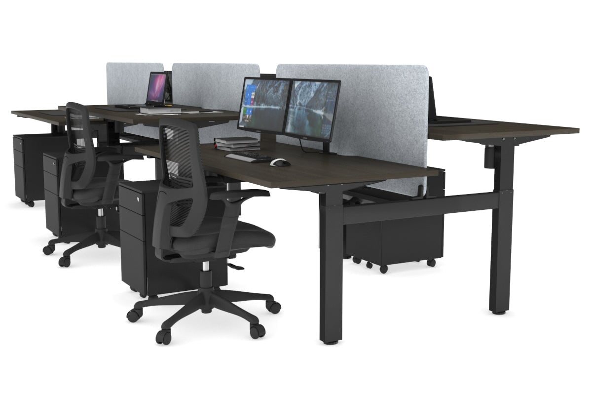 Just Right Height Adjustable 6 Person H-Bench Workstation - Black Frame [1400L x 800W with Cable Scallop] Jasonl dark oak light grey echo panel (820H x 1200W) black cable tray