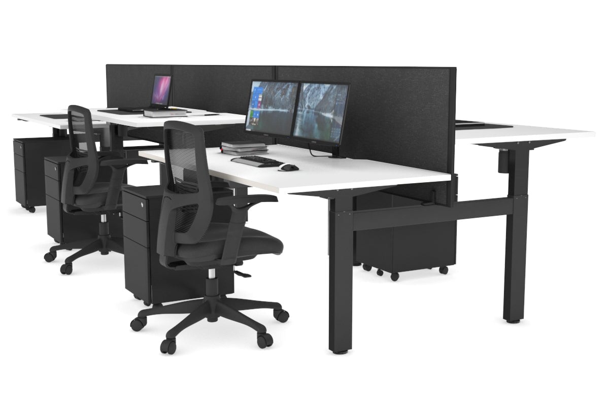 Just Right Height Adjustable 6 Person H-Bench Workstation - Black Frame [1400L x 800W with Cable Scallop] Jasonl white moody charcoal (820H x 1400W) none