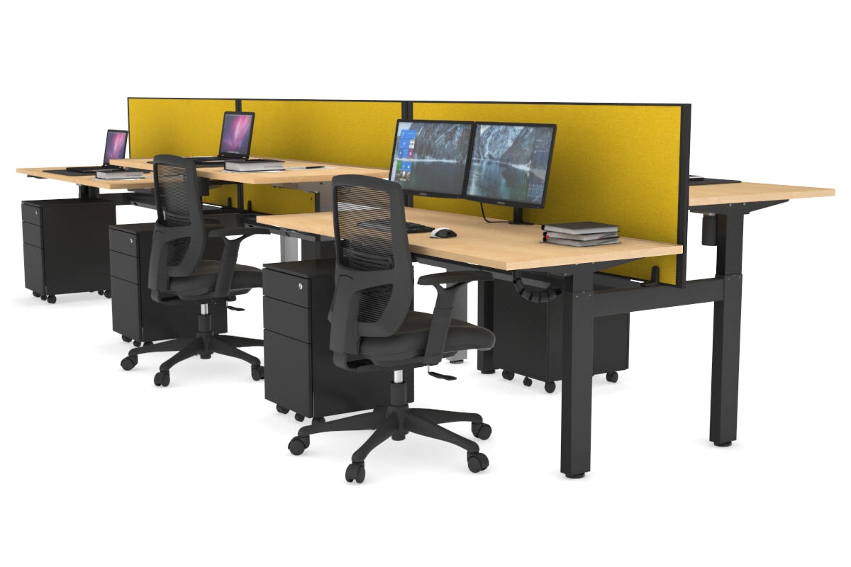 Just Right Height Adjustable 6 Person H-Bench Workstation - Black Frame [1600L x 700W] Jasonl maple mustard yellow (820H x 1600W) black cable tray