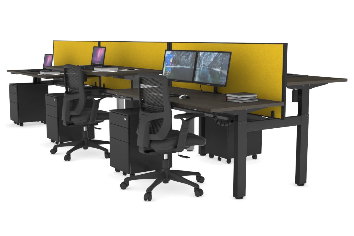 Just Right Height Adjustable 6 Person H-Bench Workstation - Black Frame [1600L x 700W] Jasonl dark oak mustard yellow (820H x 1600W) black cable tray