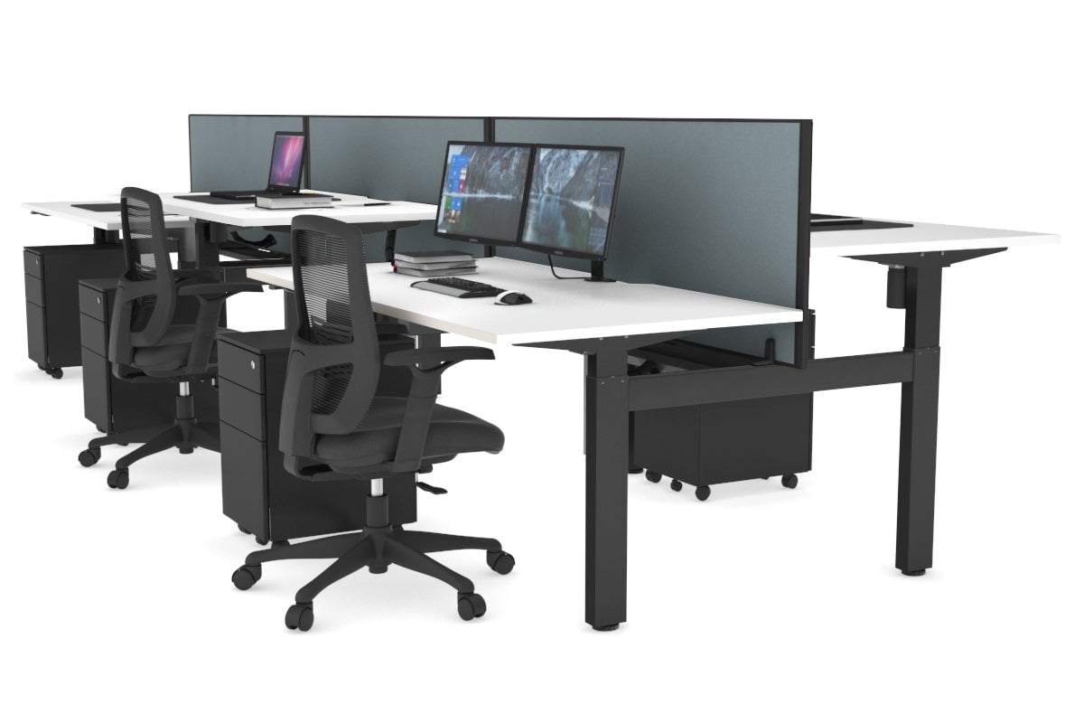 Just Right Height Adjustable 6 Person H-Bench Workstation - Black Frame [1600L x 800W with Cable Scallop] Jasonl white cool grey (820H x 1600W) black cable tray