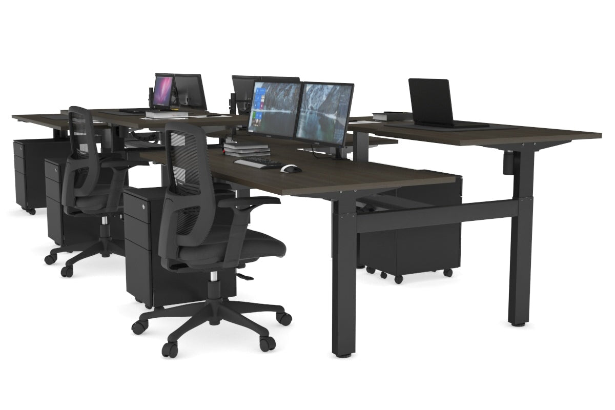 Just Right Height Adjustable 6 Person H-Bench Workstation - Black Frame [1600L x 800W with Cable Scallop] Jasonl dark oak none black cable tray