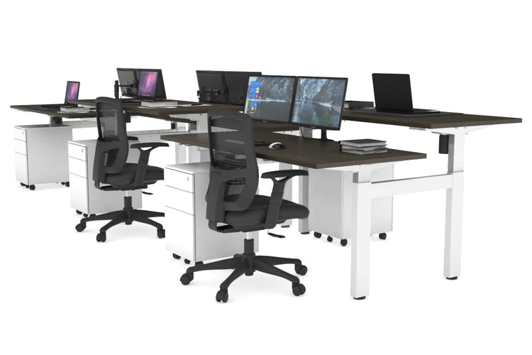 Just Right Height Adjustable 6 Person H-Bench Workstation - White Frame [1200L x 700W] Jasonl dark oak none none