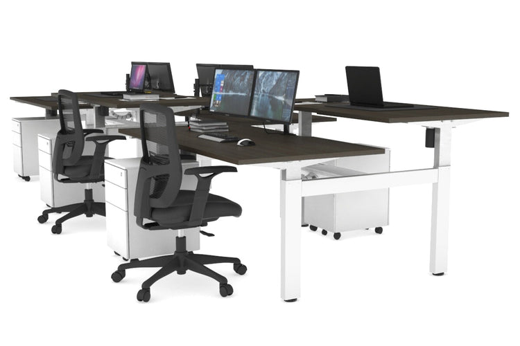Just Right Height Adjustable 6 Person H-Bench Workstation - White Frame [1200L x 800W with Cable Scallop] Jasonl dark oak none white cable tray