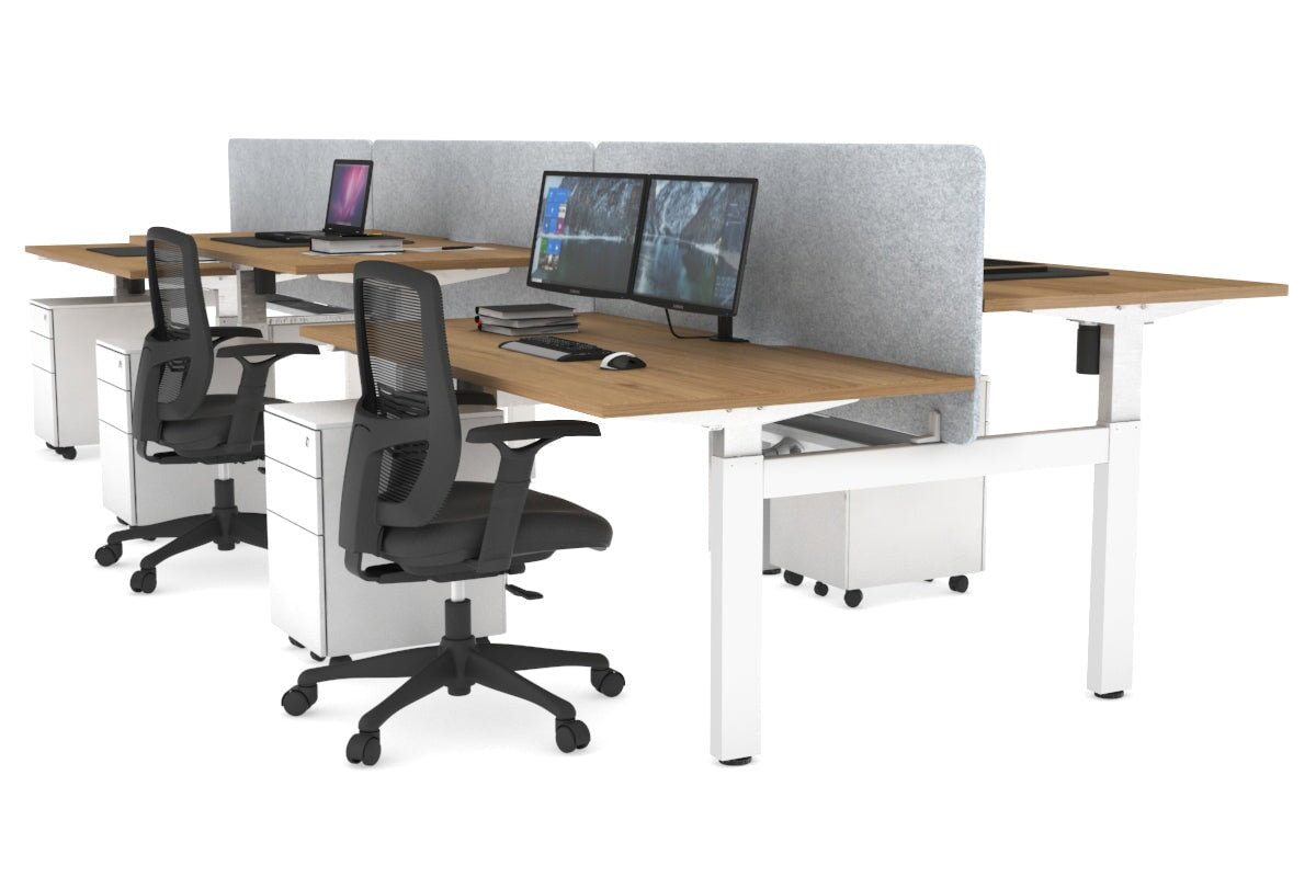 Just Right Height Adjustable 6 Person H-Bench Workstation - White Frame [1200L x 800W with Cable Scallop] Jasonl salvage oak light grey echo panel (820H x 1200W) white cable tray
