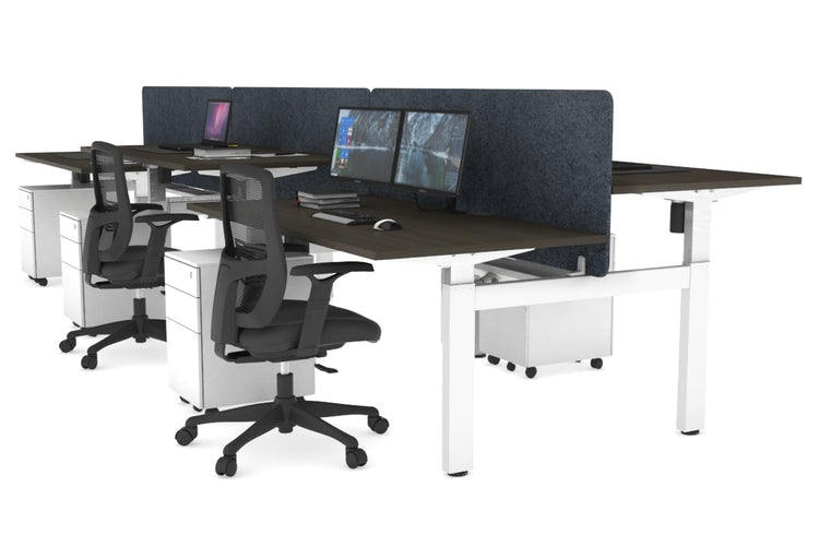 Just Right Height Adjustable 6 Person H-Bench Workstation - White Frame [1200L x 800W with Cable Scallop] Jasonl dark oak dark grey echo panel (820H x 1200W) white cable tray