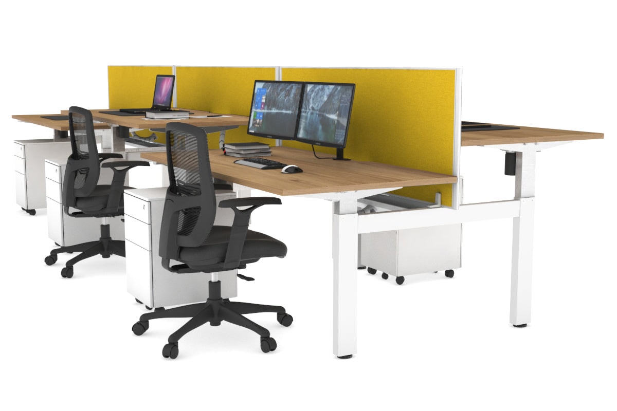 Just Right Height Adjustable 6 Person H-Bench Workstation - White Frame [1200L x 800W with Cable Scallop] Jasonl salvage oak mustard yellow (820H x 1200W) white cable tray
