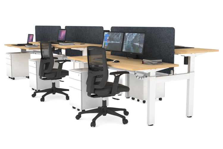 Just Right Height Adjustable 6 Person H-Bench Workstation - White Frame [1400L x 700W] Jasonl maple dark grey echo panel (820H x 1200W) white cable tray