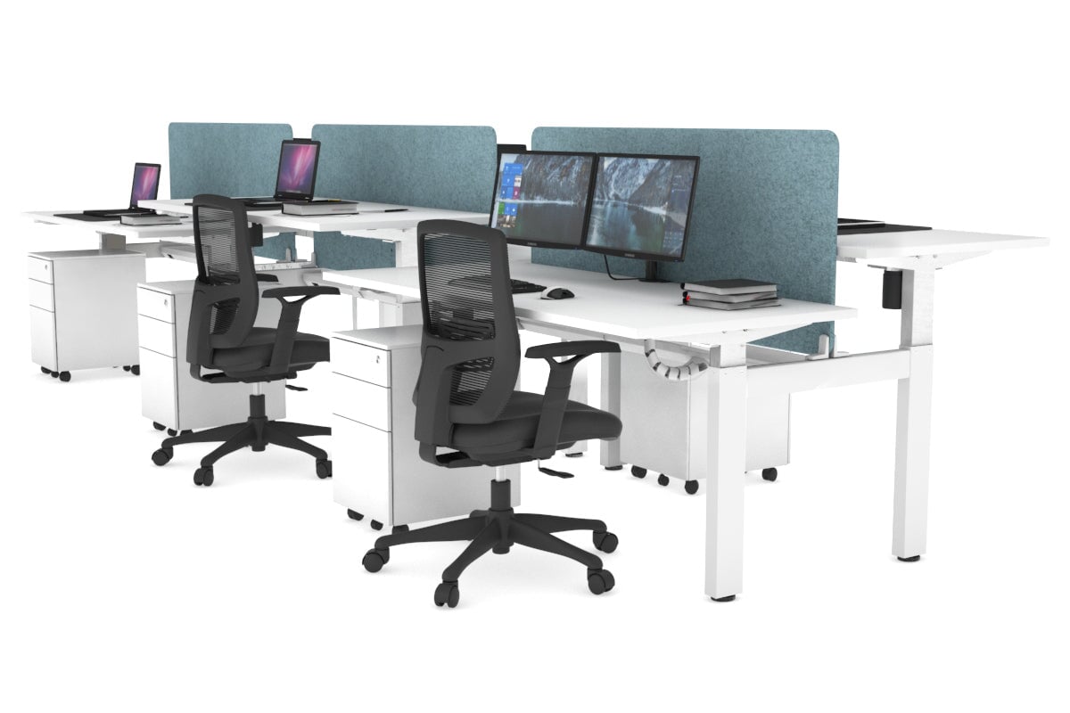 Just Right Height Adjustable 6 Person H-Bench Workstation - White Frame [1400L x 700W] Jasonl white blue echo panel (820H x 1200W) white cable tray