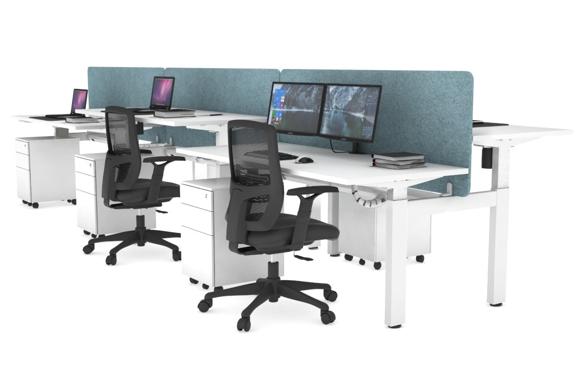 Just Right Height Adjustable 6 Person H-Bench Workstation - White Frame [1600L x 700W] Jasonl white blue echo panel (820H x 1600W) white cable tray