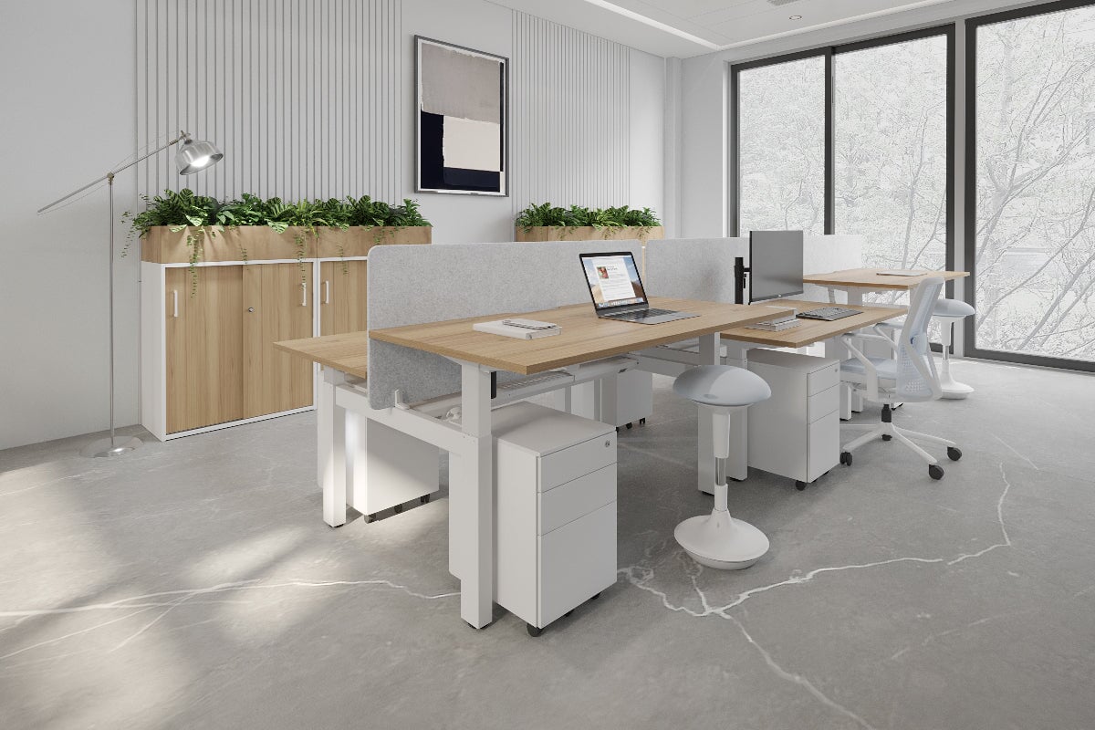 Just Right Height Adjustable 6 Person H-Bench Workstation - White Frame [1600L x 800W with Cable Scallop] Jasonl 