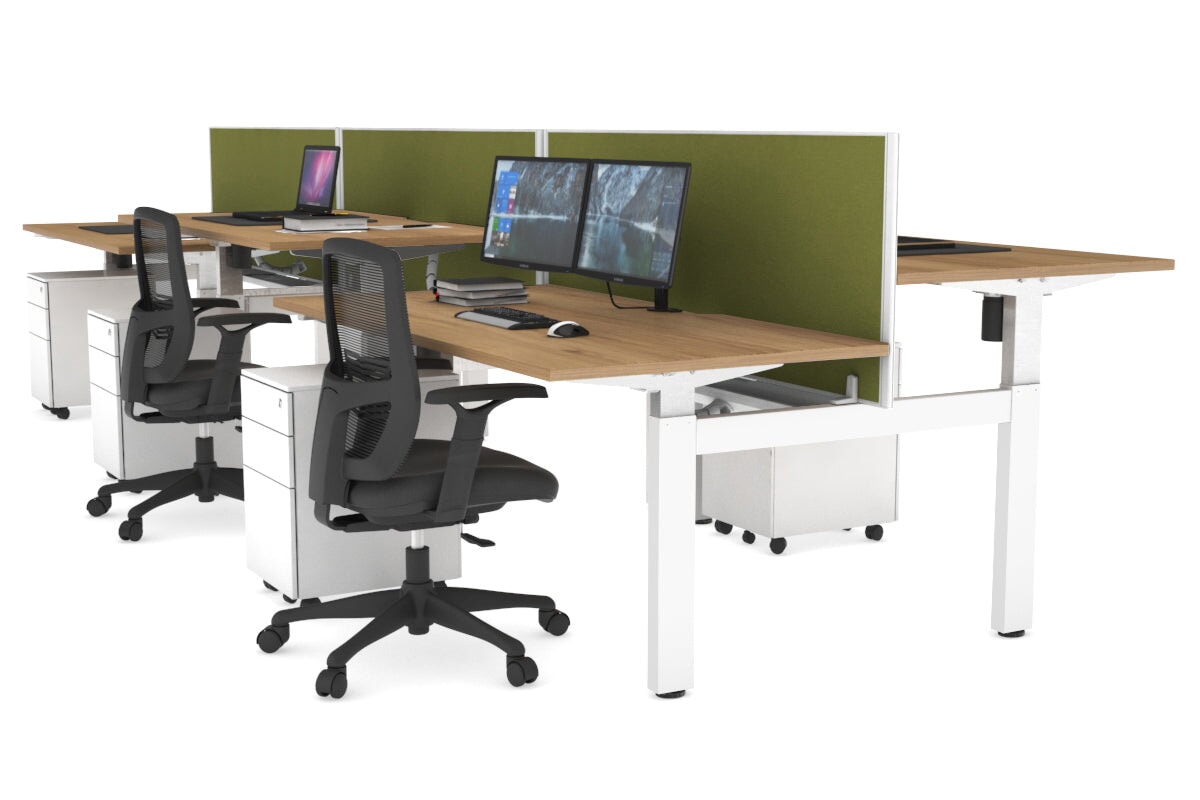 Just Right Height Adjustable 6 Person H-Bench Workstation - White Frame [1600L x 800W with Cable Scallop] Jasonl salvage oak green moss (820H x 1600W) white cable tray