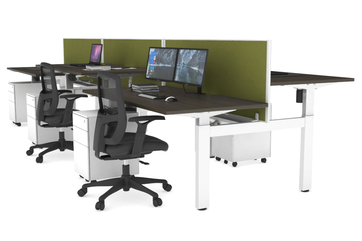 Just Right Height Adjustable 6 Person H-Bench Workstation - White Frame [1600L x 800W with Cable Scallop] Jasonl dark oak green moss (820H x 1600W) white cable tray