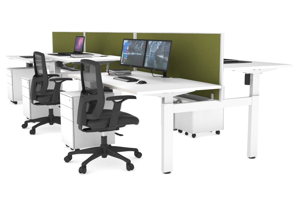 Just Right Height Adjustable 6 Person H-Bench Workstation - White Frame [1600L x 800W with Cable Scallop] Jasonl white green moss (820H x 1600W) white cable tray