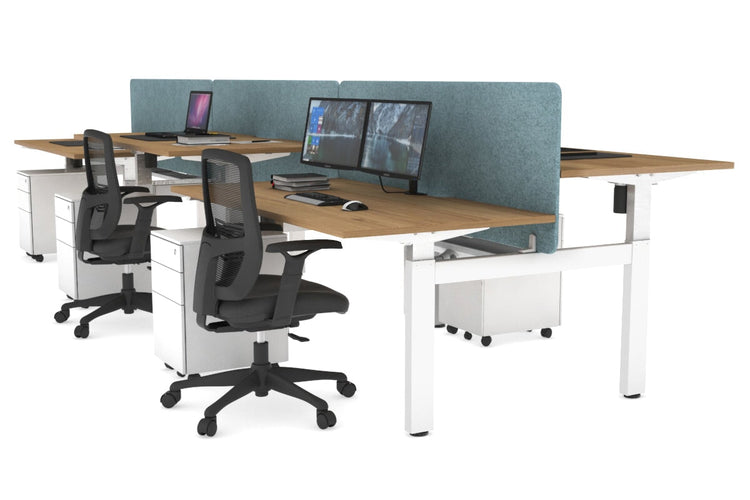 Just Right Height Adjustable 6 Person H-Bench Workstation - White Frame [1600L x 800W with Cable Scallop] Jasonl salvage oak blue echo panel (820H x 1600W) white cable tray