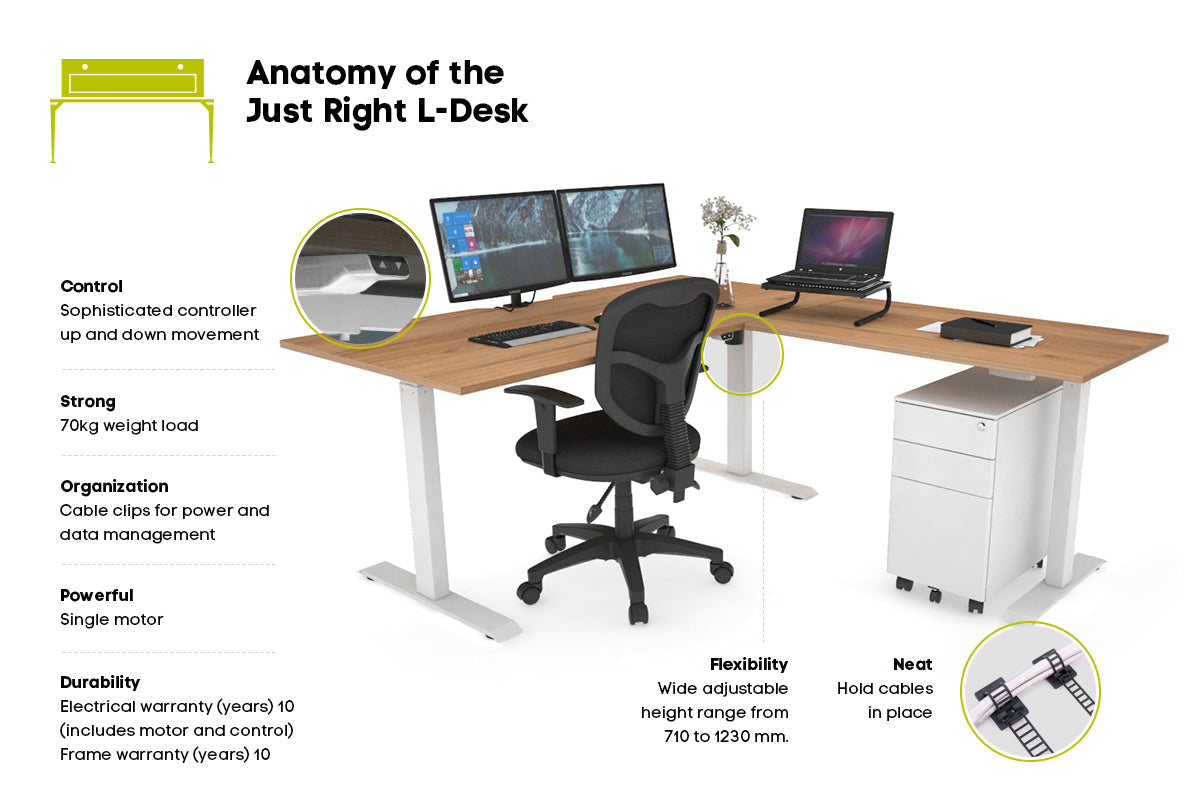 Just Right Height Adjustable Corner (RHS) Workstation - White Frame [1400L x 1700W] Jasonl 